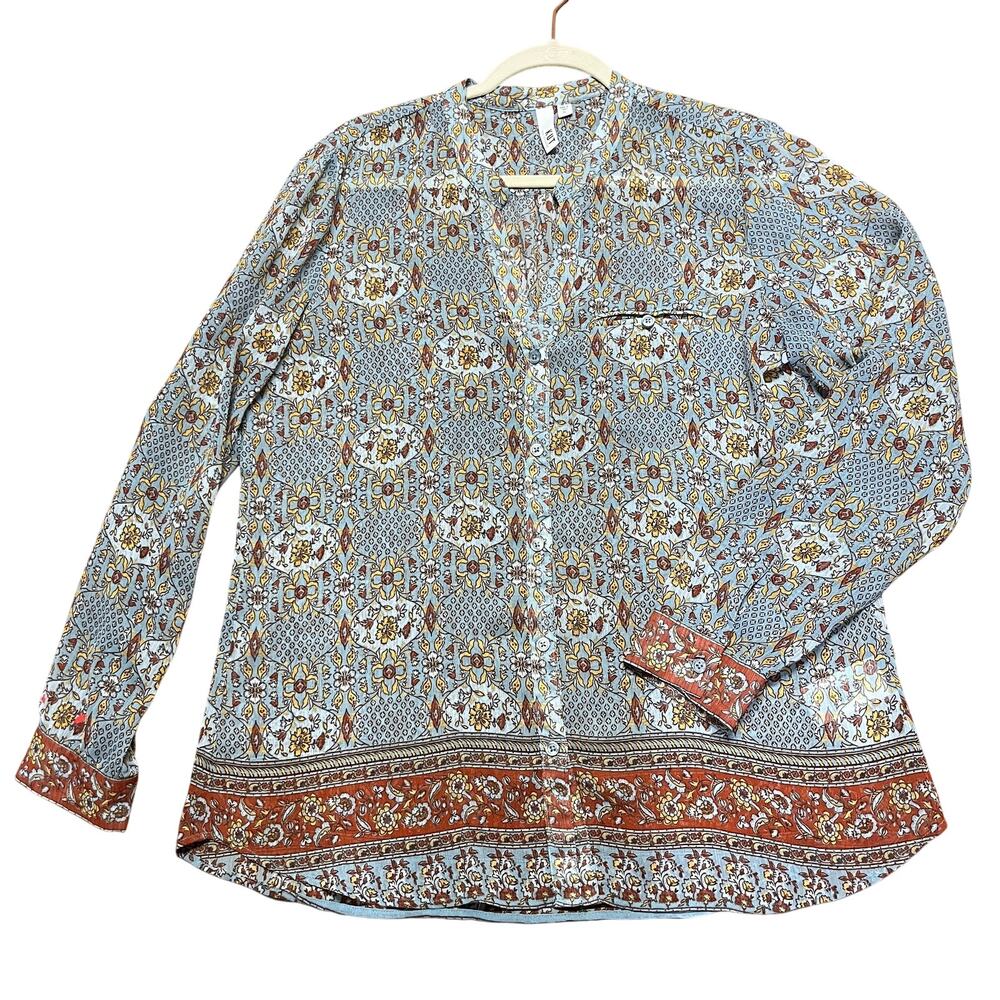 Kut From The Kloth Sheer Blue Floral Long Sleeve Button Down Blouse Size XL